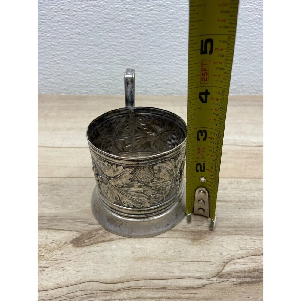 Vtg Unbranded Silver Plated Podstakannik Tee Cup Holder Grape Branch Pattern